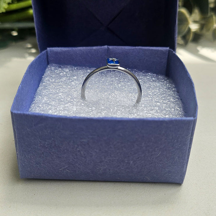 Handmade Pressed Blue Flower Art Resin Ring With Origami Ring Box