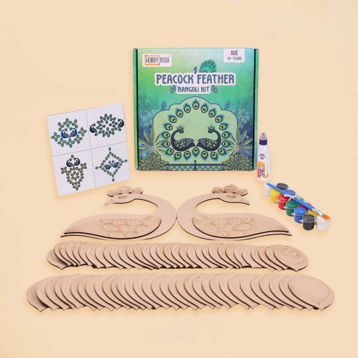 Pre Marked Peacock Feather Rangoli MDF Wood DIY Kit