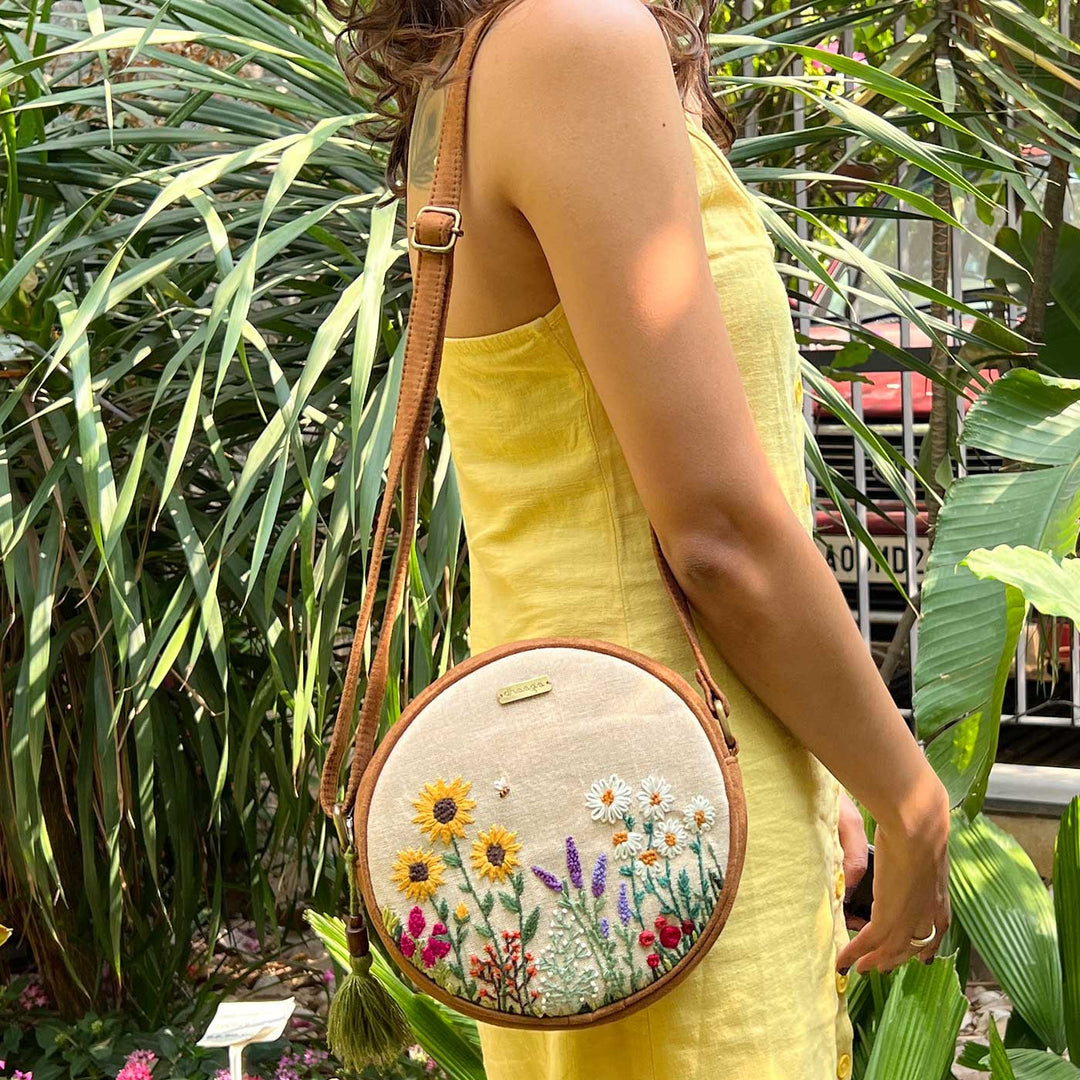 Personalized Embroidered Bee & Wildflowers Round Sling Bag
