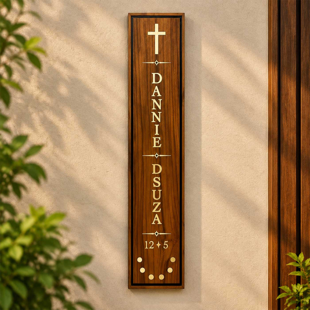 Minimal Linear Design Vertical Slim Personalized Handcrafted Teak Wood Name Plate With Inlaid Brass Lettering & Resin Border For Home