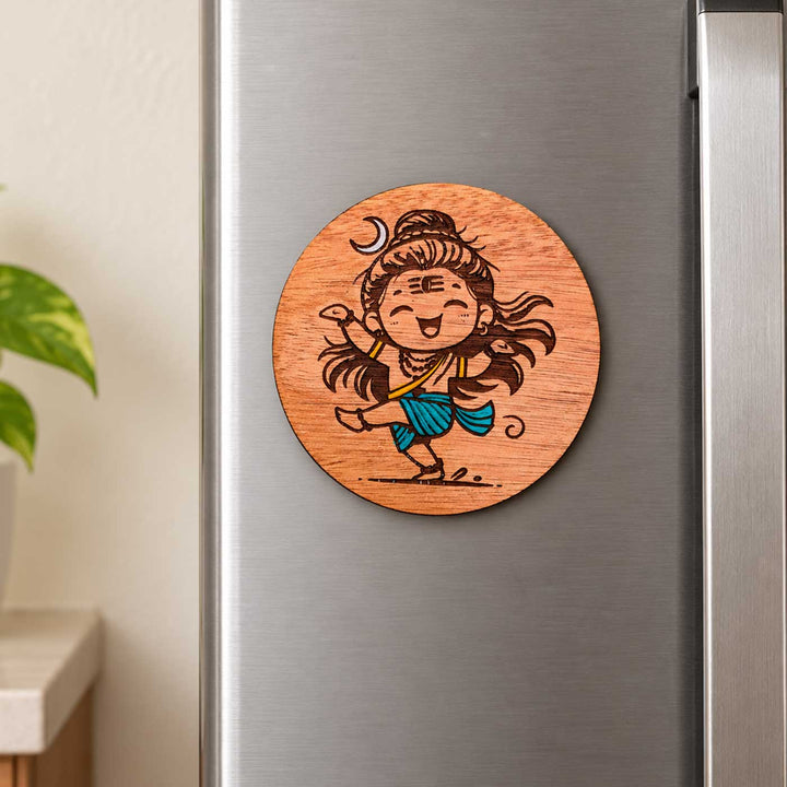 Engraved & Hand-Painted Dancing Lord Shiva Mahogany Wood Fridge Magnet