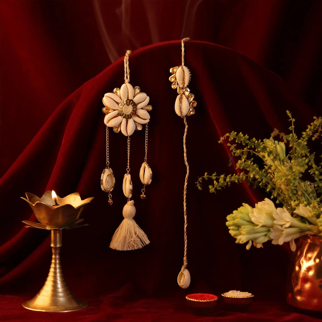 Handmade Golden Shell Flower Bhaiya Bhabhi Rakhi With Roli Chawal | Set Of 2