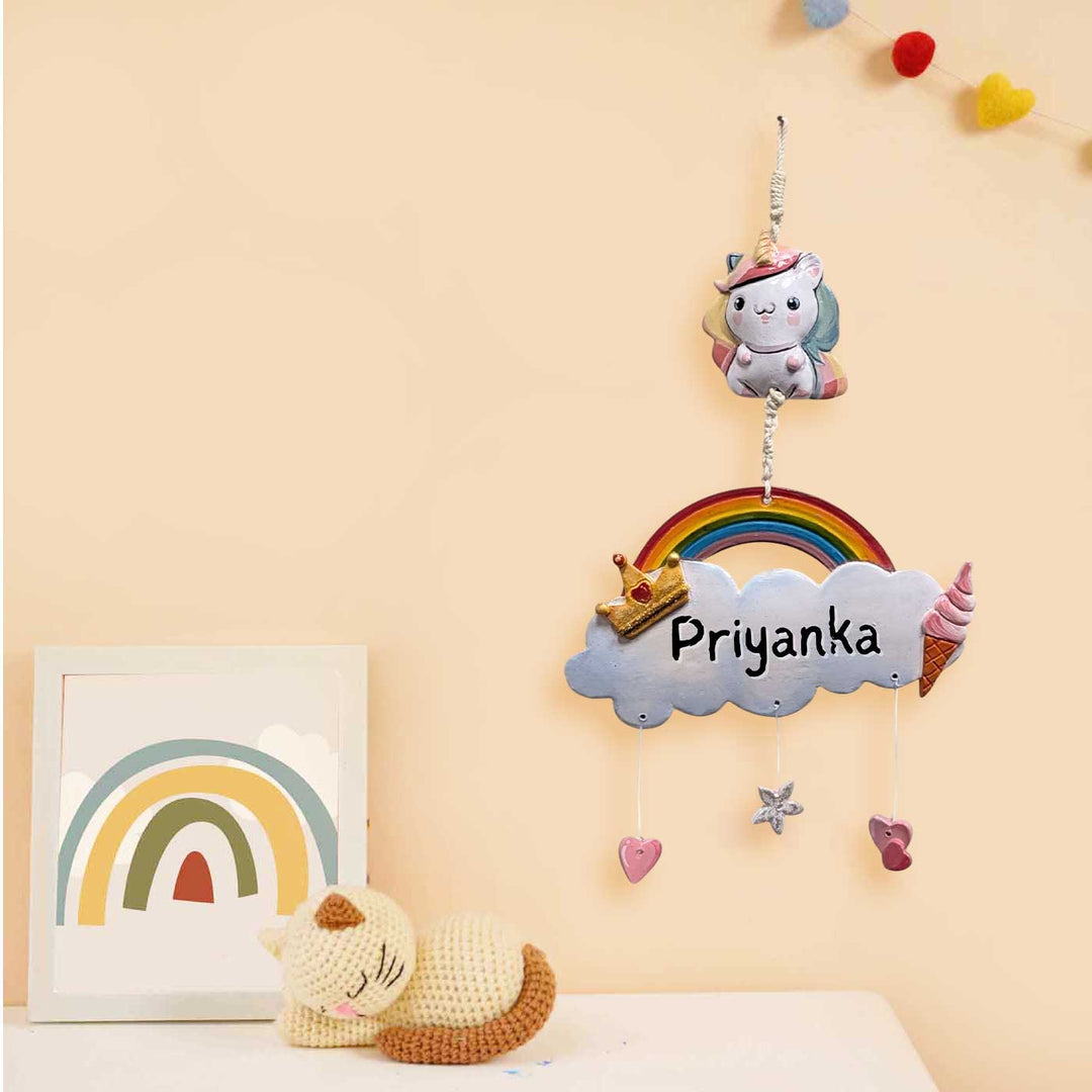 Personalized Hand-Painted Unicorn Theme Terracotta Kids Name Plate