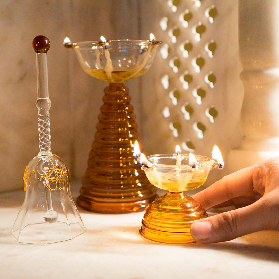 Handmade Amber Small Borosilicate Glass Oil Lamp / Diya | 2.2 inch