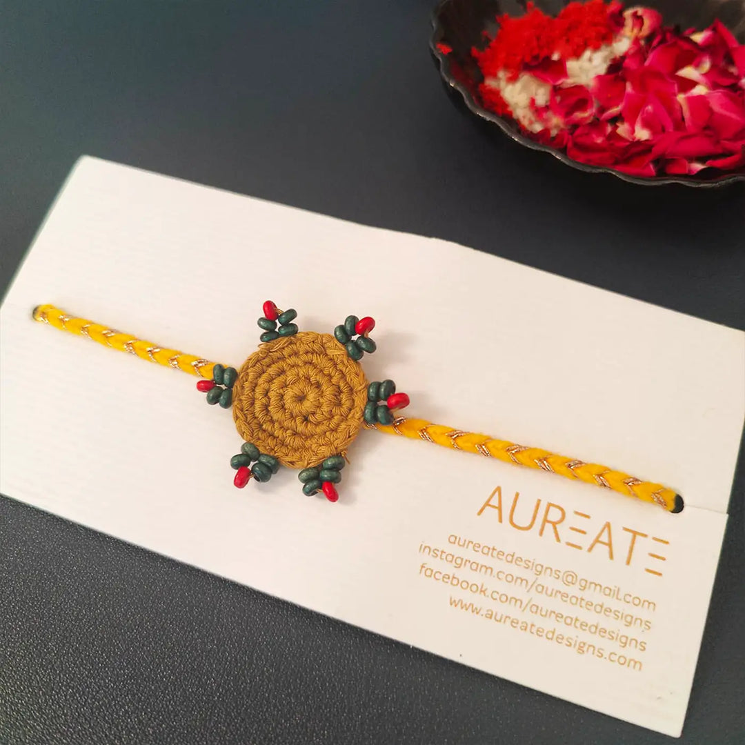 Handmade Crochet Beaded Round Ethnic Rakhi With Roli Chawal