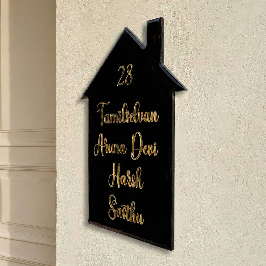 Handmade Resin Black & Gold House Shaped Marbled Name Plate