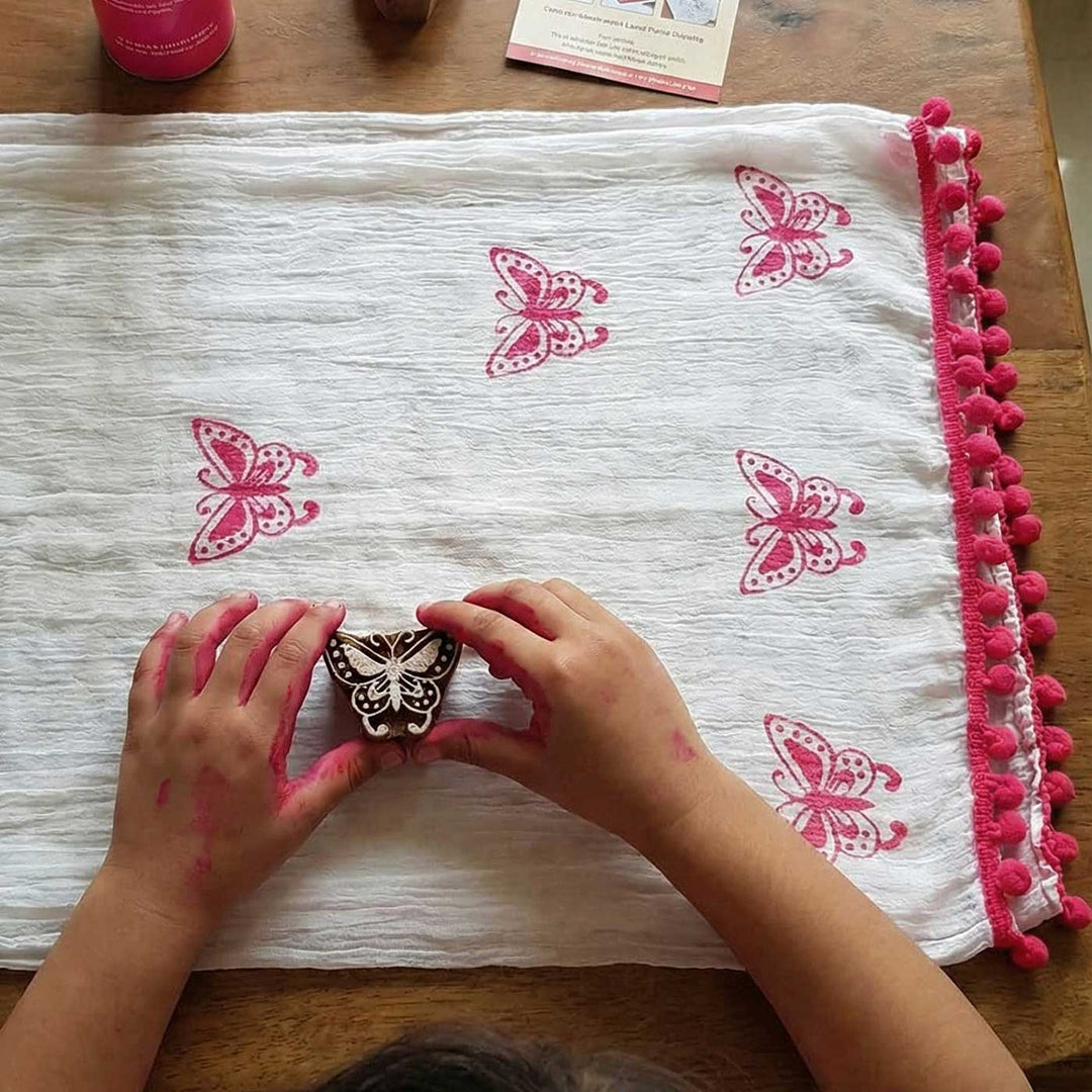 Pink Butterfly Dupatta Block Print DIY Kit | Includes 1 White cotton dupatta, 1 Fabric paint, 1 Wooden block And 1 Sponge
