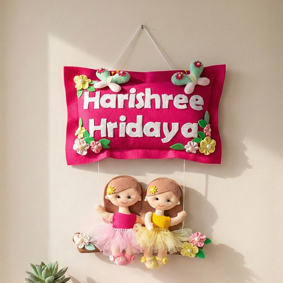 Hand-stitched Pillow & Swing Theme Felt Kids Name Plate for Siblings