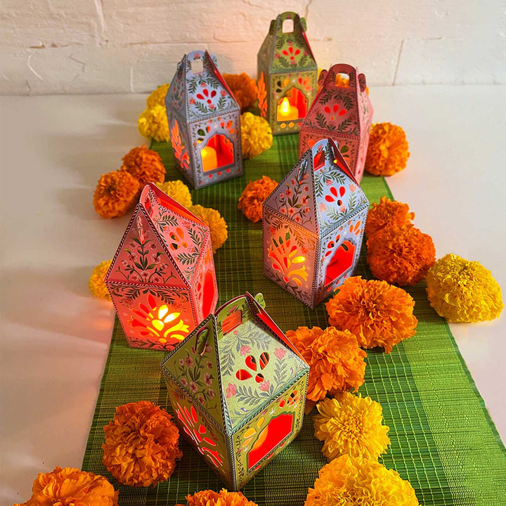 Handmade DIY Lantern Design Paper Tealight Holder With Electic Tealights | Set Of 6