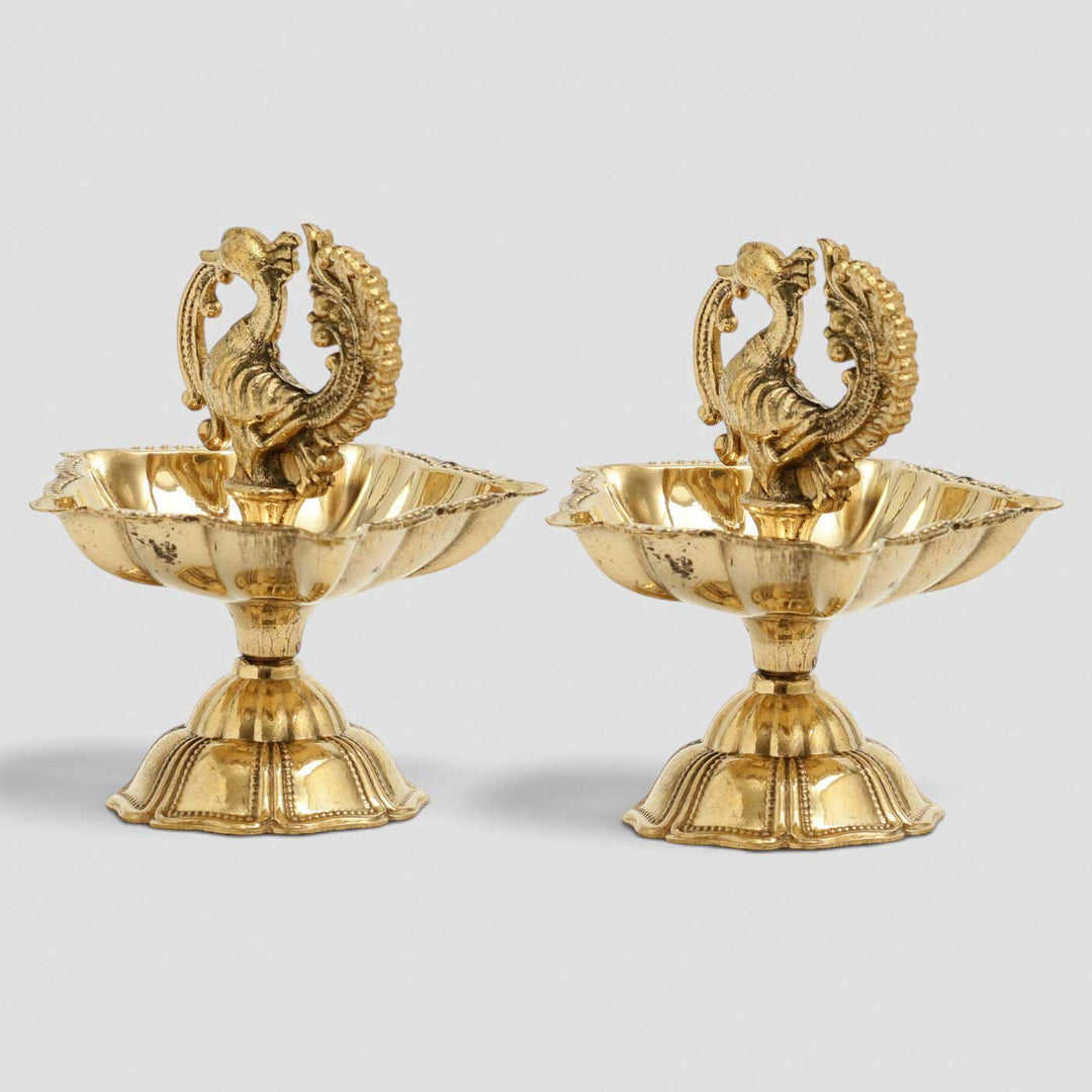 2 pc | Peacock Brass Oil Lamp With Stand For Festive Decor
