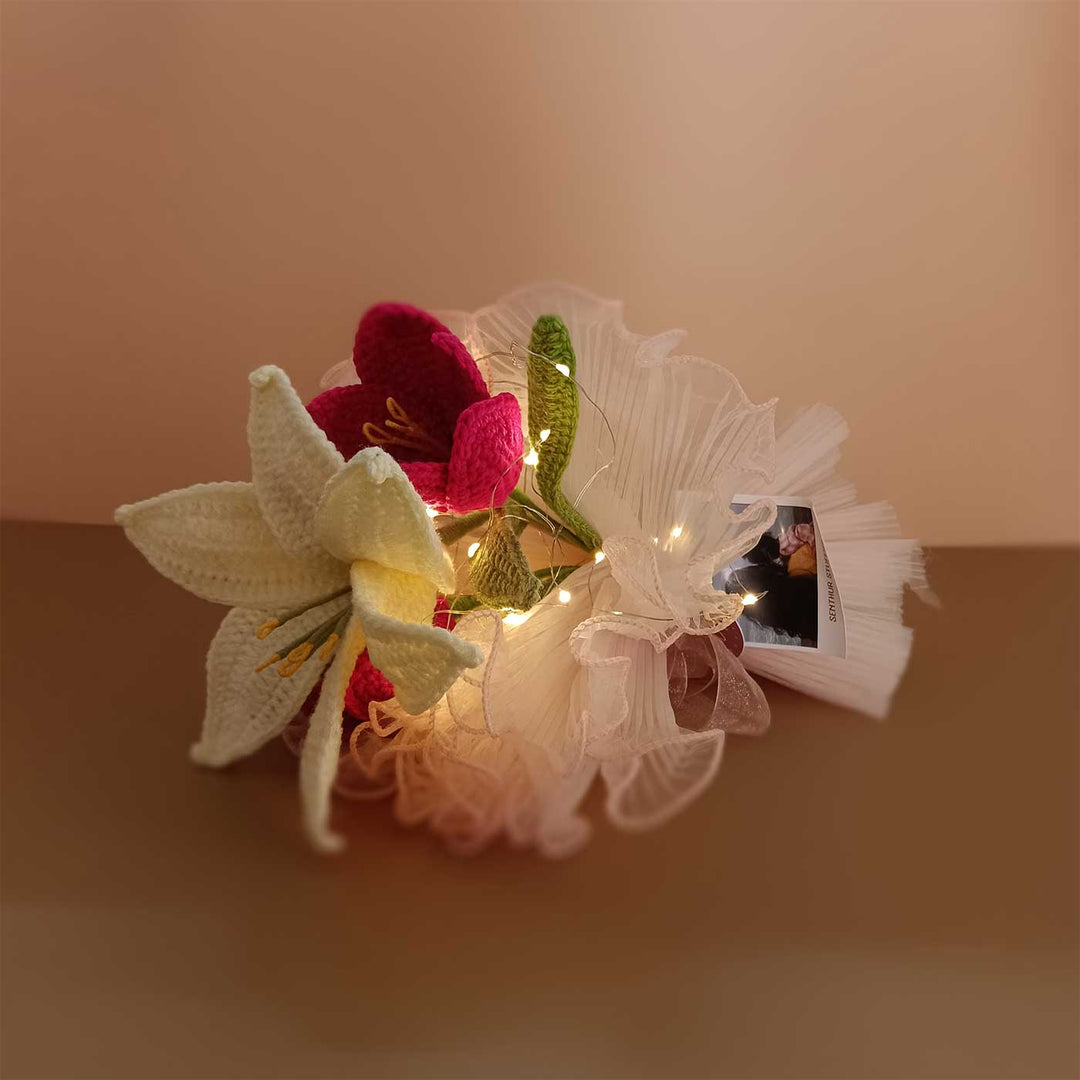 Handmade Crochet Vanilla Dawn Flower Bouquet With Lights | Includes Photo & Greeting Card