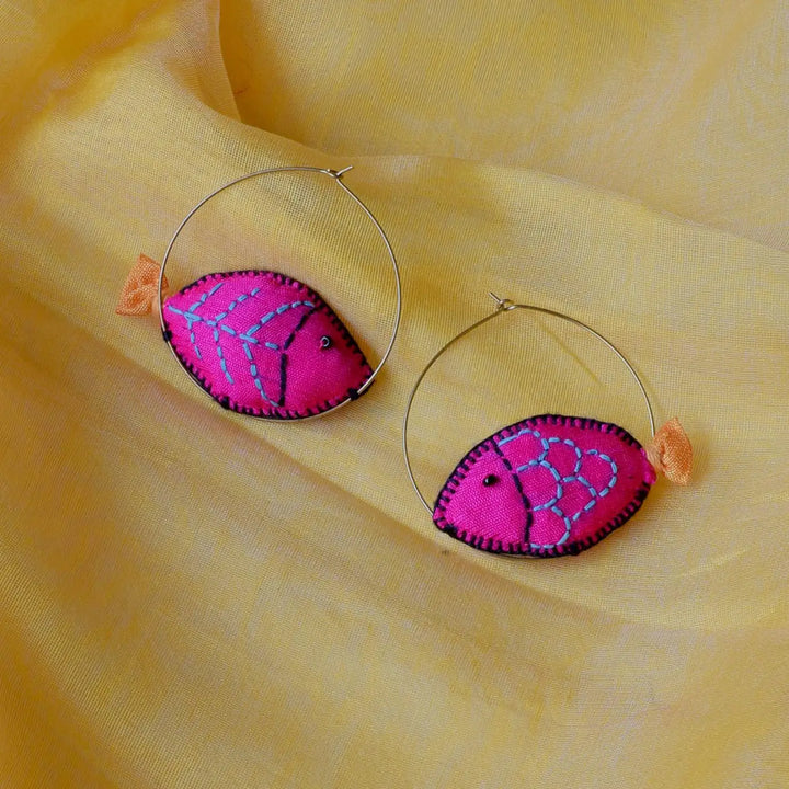Handmade Textile Art Fish Shaped Hoop Dupion Silk Fabric Earrings