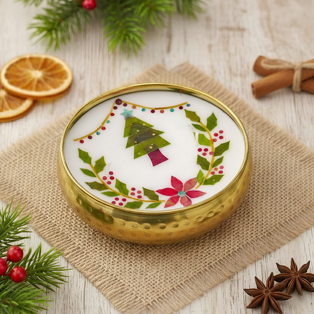 4 Inch | Handmade Pressed Flower Xmas Tree & Holly Theme Brass Candle | Packed in a Gift Box