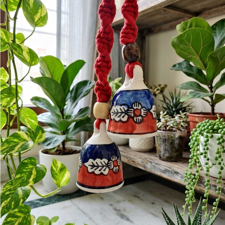 2 Pc | Macrame Handpainted Ceramic Bells Hanging With Wooden Rings & Beads