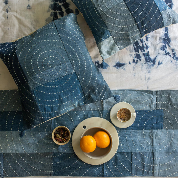 Upcycled Hand Embroidered Denim Spiral Eco-Friendly Table Runner & Mat