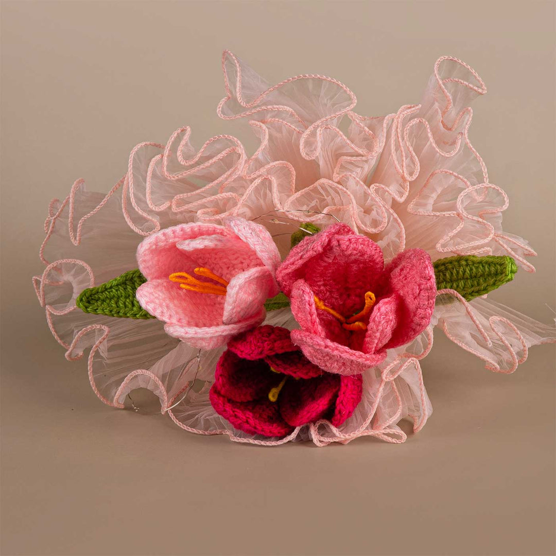 Handmade Crochet Tulips Together Flower Bouquet With Lights | Includes Photo & Greeting Card