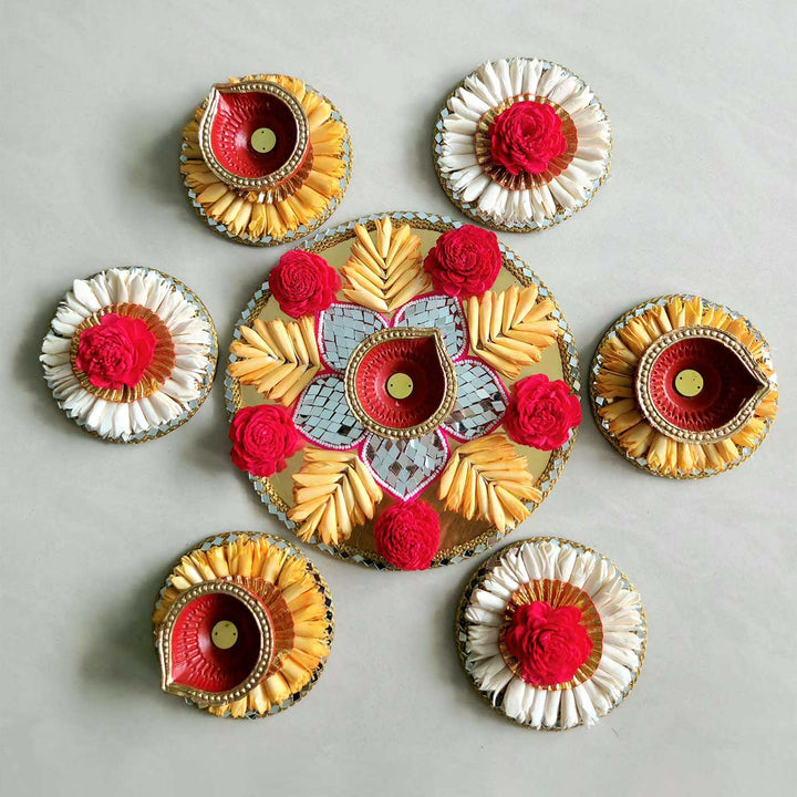 Handmade Sola Flowers With Diya Reusable Rangoli | 1 Center Piece, 3 Side Rangoli Piece And 3 Side Diyas