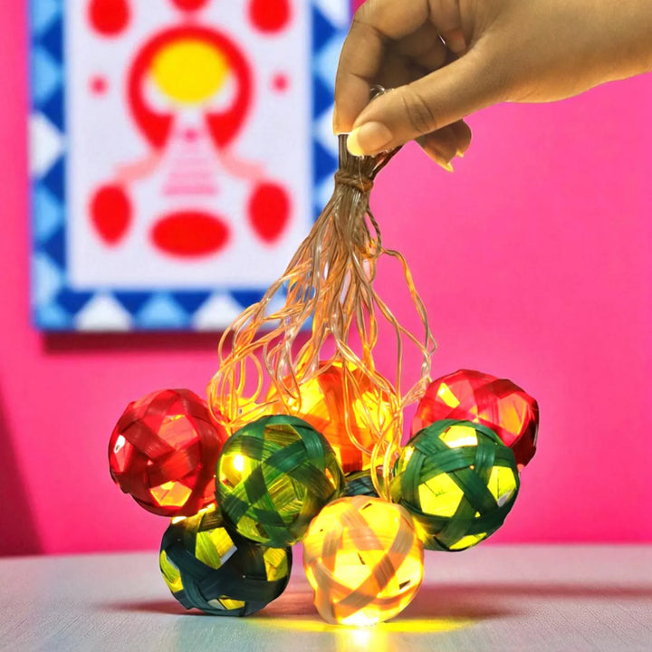 3m, 10 Bulbs | Multicoloured Star Full Moon Eco-Friendly Handmade Woven Bamboo LED Fairy Light