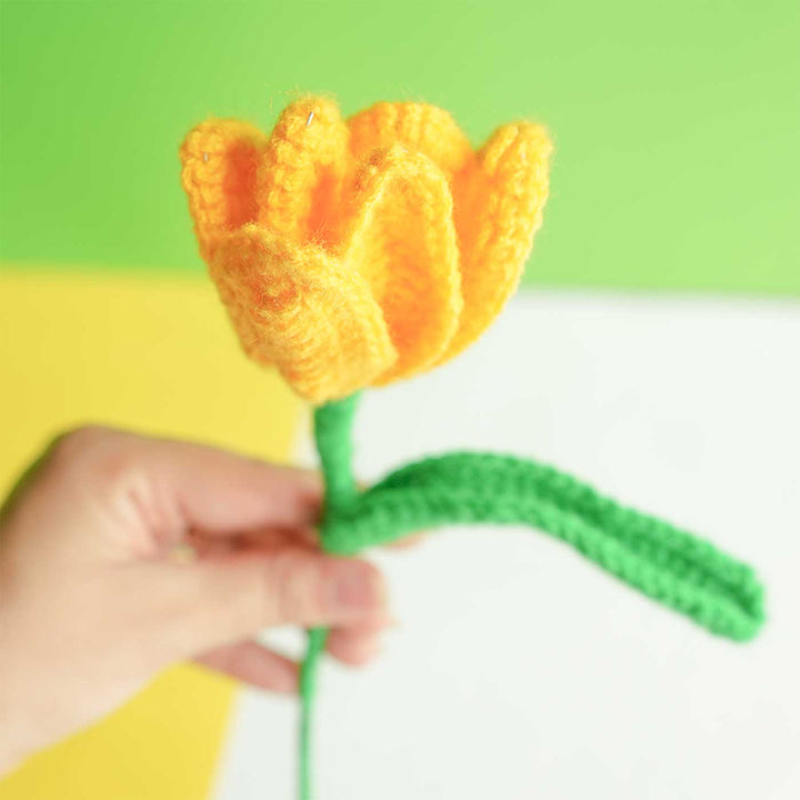 Personalized Handmade Crochet Tulip Yellow Rakhi Hamper | Includes 1 Crochet Flower, 1 Message Card & 2 Rakhis & Roli Chawal