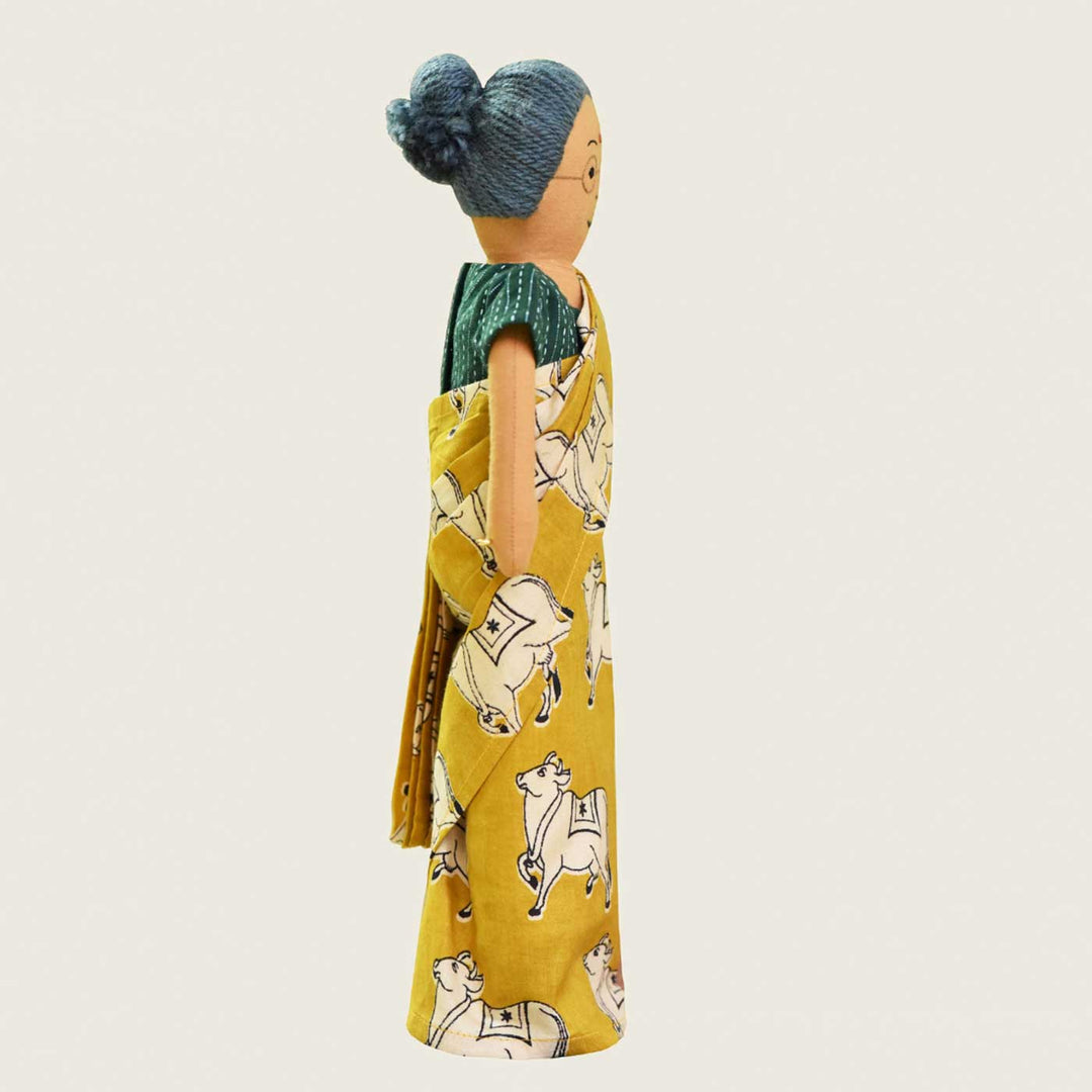 Nilah's Patti (Grandmother) In Yellow & Green Saree | Soft Hand-Stitched Sustainable Indian Play Doll