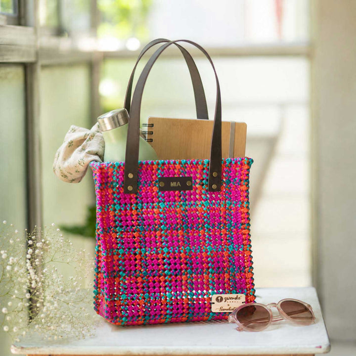 Checkered Pink & Blue Mukhya Knot Handmade Koodai Tote Bag