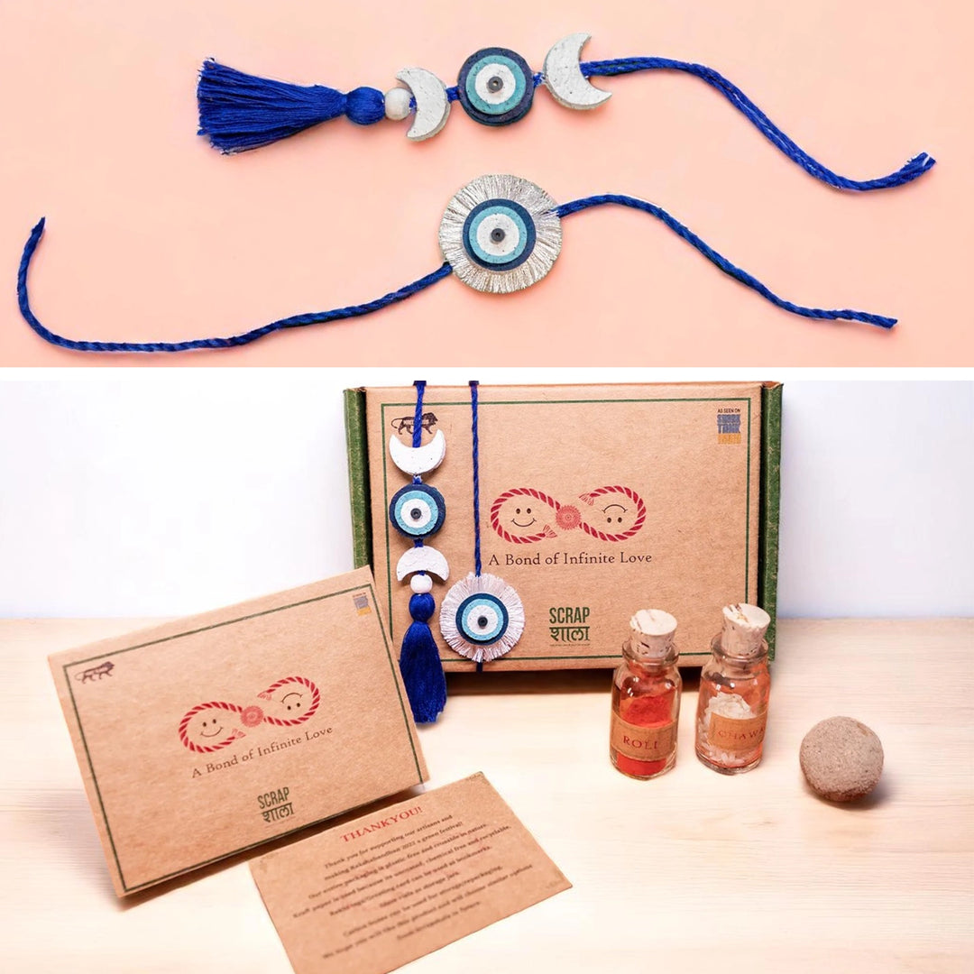 Nazarbattu Plantable Handmade Cork Sibling Rakhi Hamper With Roli Chawal - Close-up of Rakhi Set