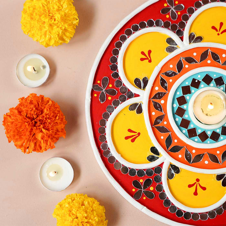 Handmade Lippan Rangoli Wooden Tealight Holder