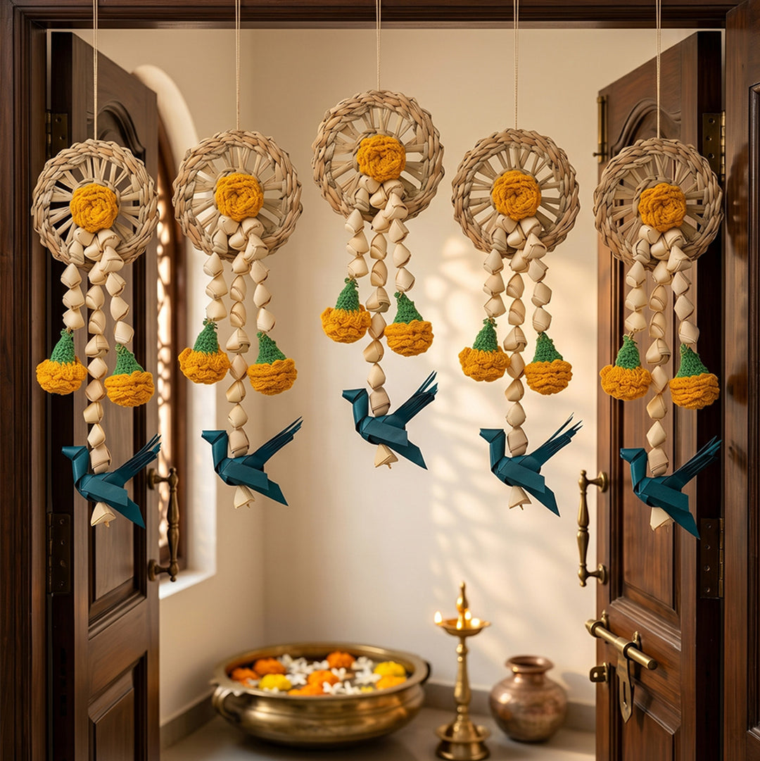 Set of 2 | "Vihang" Handcrafted Chamba Bird Wall Hanging with Crochet Marigolds For Festive Decor