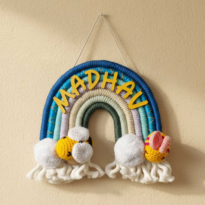 Personalized Macrame Rainbow & Bee Theme Kids Name Plate