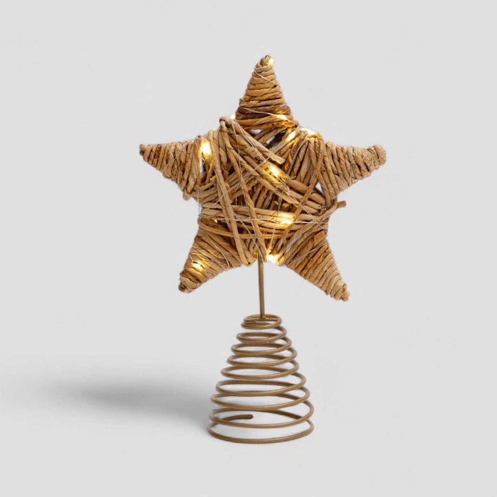 Handmade Banana Rope Star Christmas Tree Topper With Lights