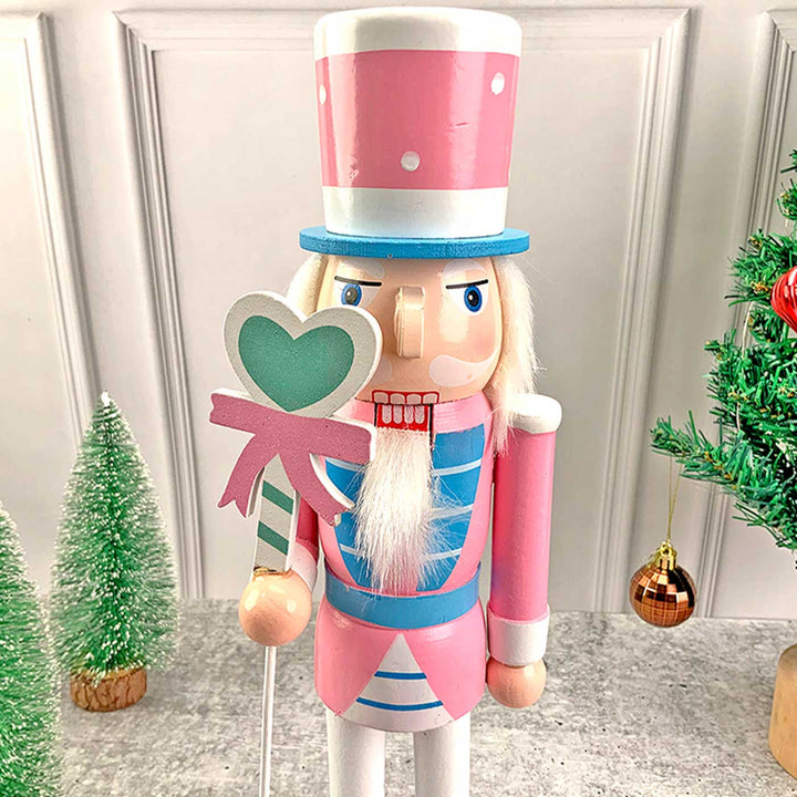 Pastel Pink Heart Nutcracker Self-Standing Wooden Decor For Christmas Table Decoration