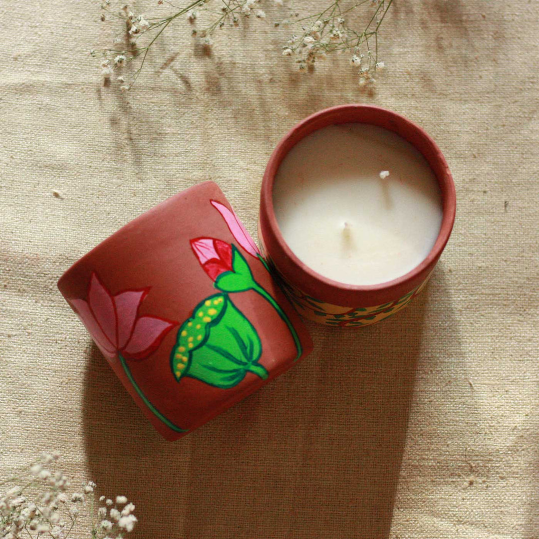 Hand-Painted Lotus Madhubani Terracotta Candle Jars