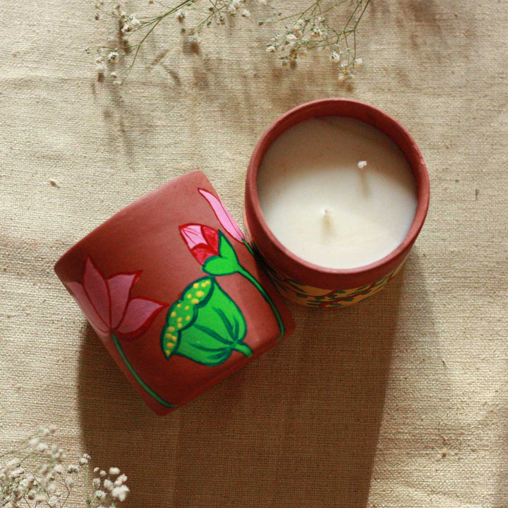 Hand-Painted Lotus Madhubani Terracotta Candle Jars