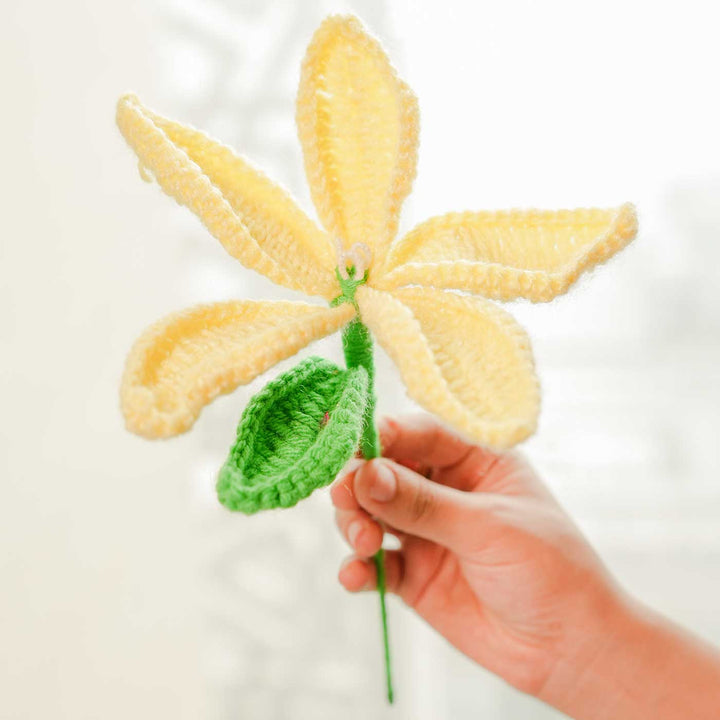 Handmade Crochet Yellow Lily With Stacked Tired Pottery Ceramic Vase