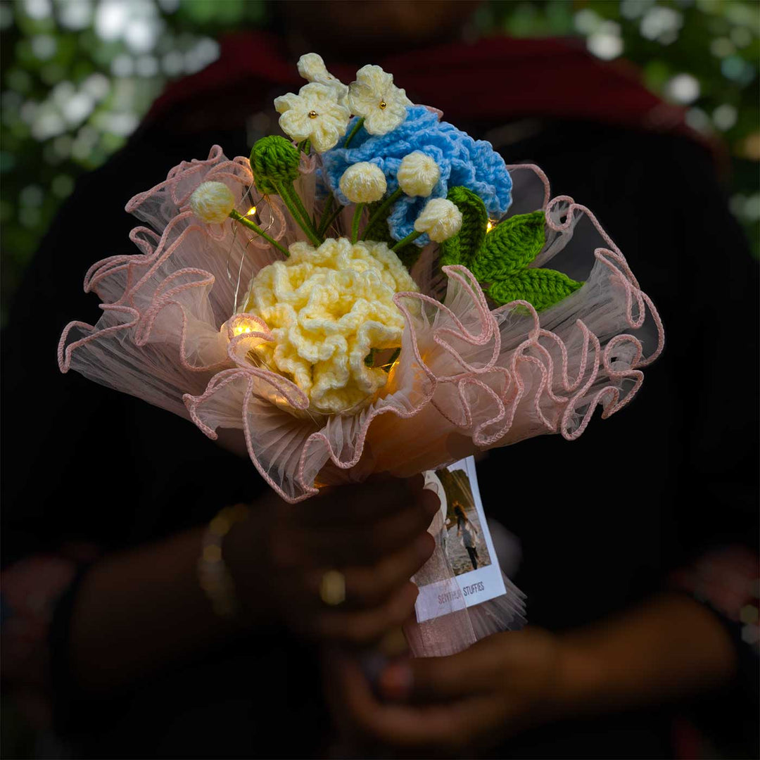 Handmade Crochet Morning Blue Flower Bouquet With Lights | Includes Photo & Greeting Card