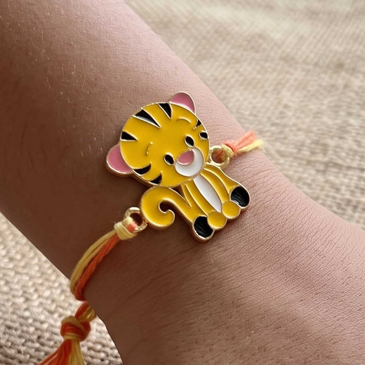 Engraved Little Tiger Enamel Metal Charm Rakhi With Roli Chawal for Brother
