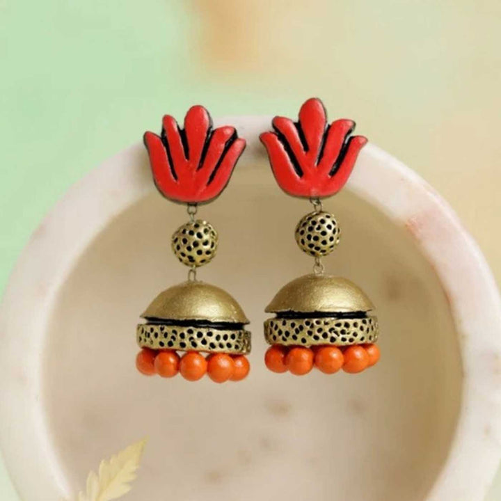 Handmade Beaded Blooming Lotus Terracotta Earrings