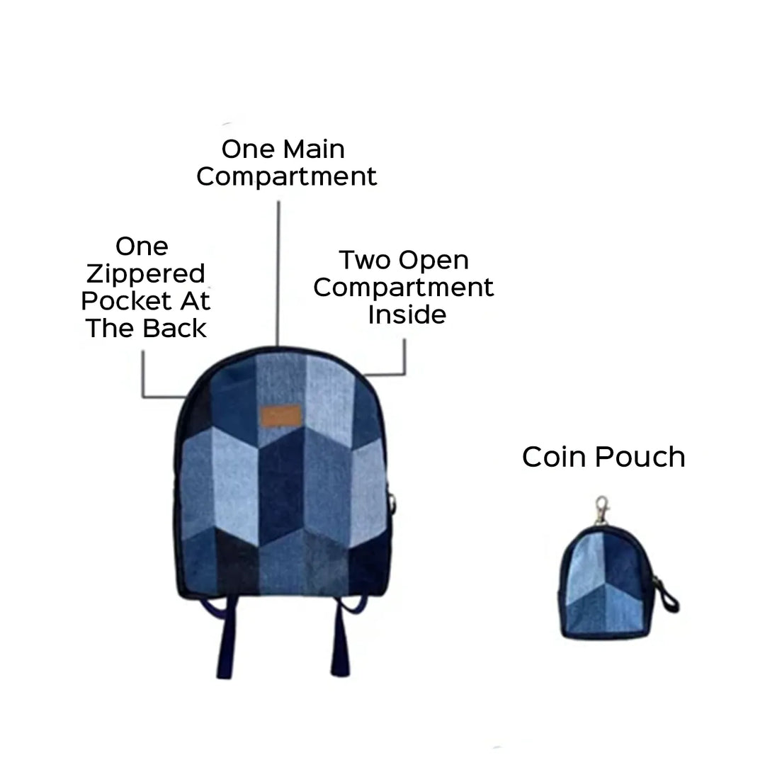 Repurposed Patched Denim Eco-Friendly Mini Backpack With Pouch
