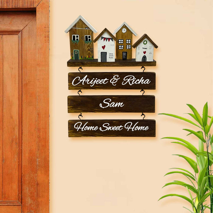 Personalized Brown & White Miniature House Wooden Name Plate