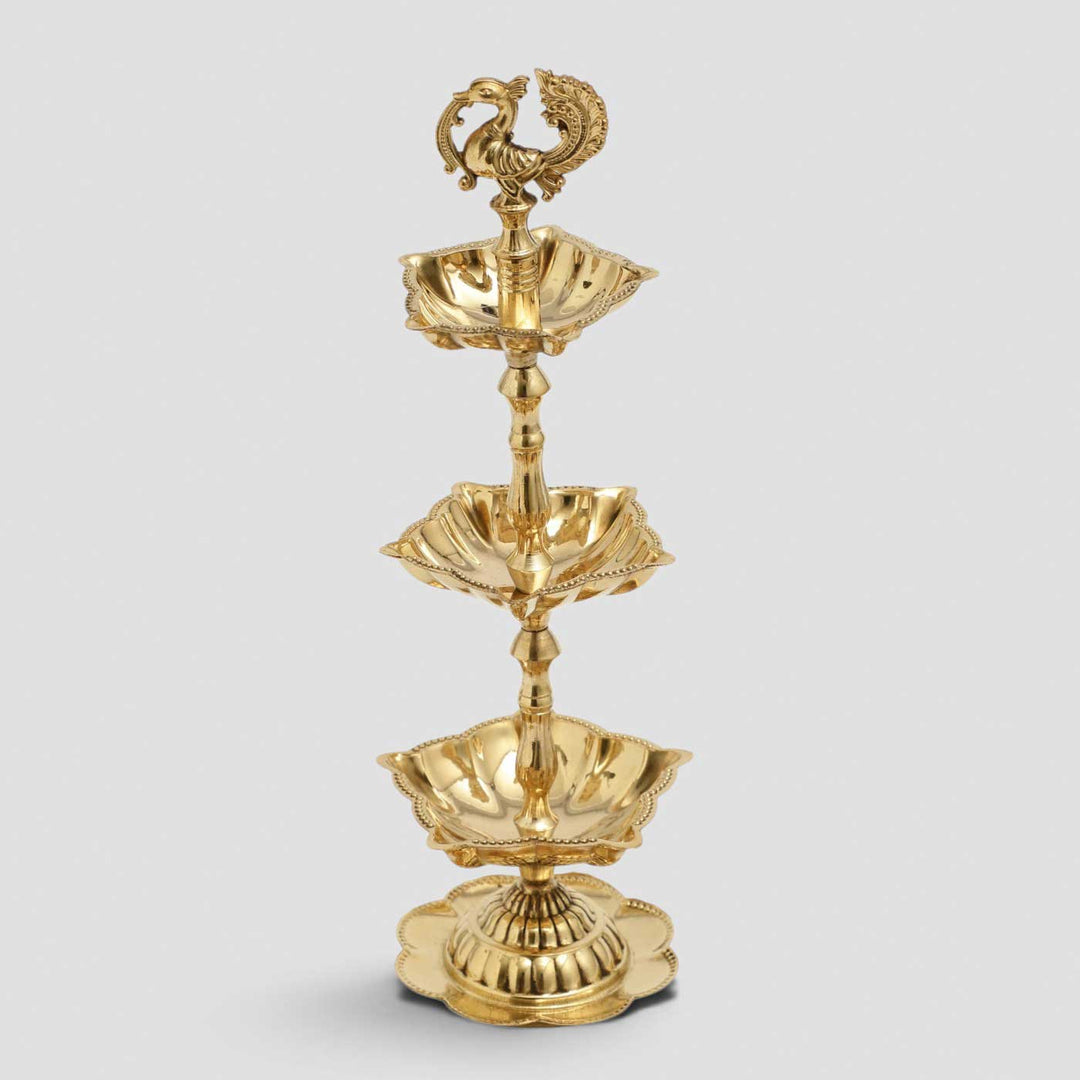 3-Tier Peacock Brass Oil Lamp Stand For Festive Decor