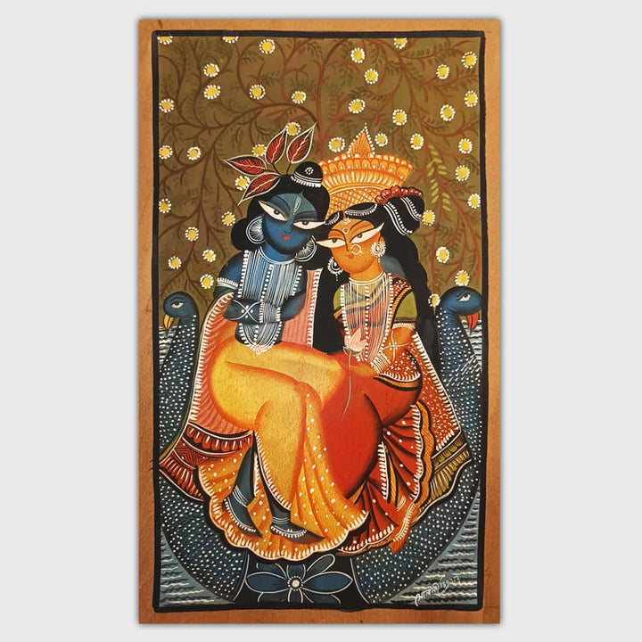 14 x 24 Inch | Radha Krishna Love | Original Hand Painted Kalighat Painting | Natural Pigment On Paper