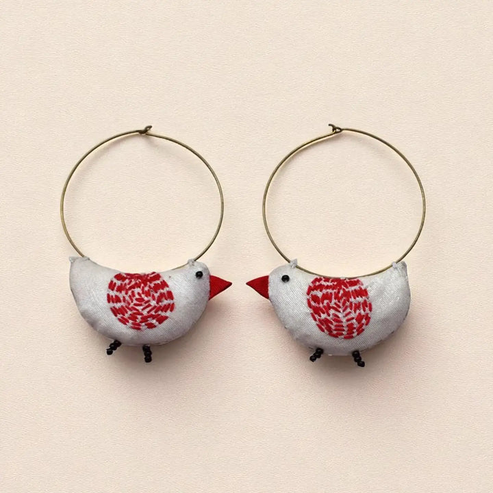 Handmade Textile Art Bulbul Bird Shaped Hoop Dupion Silk Fabric Earrings