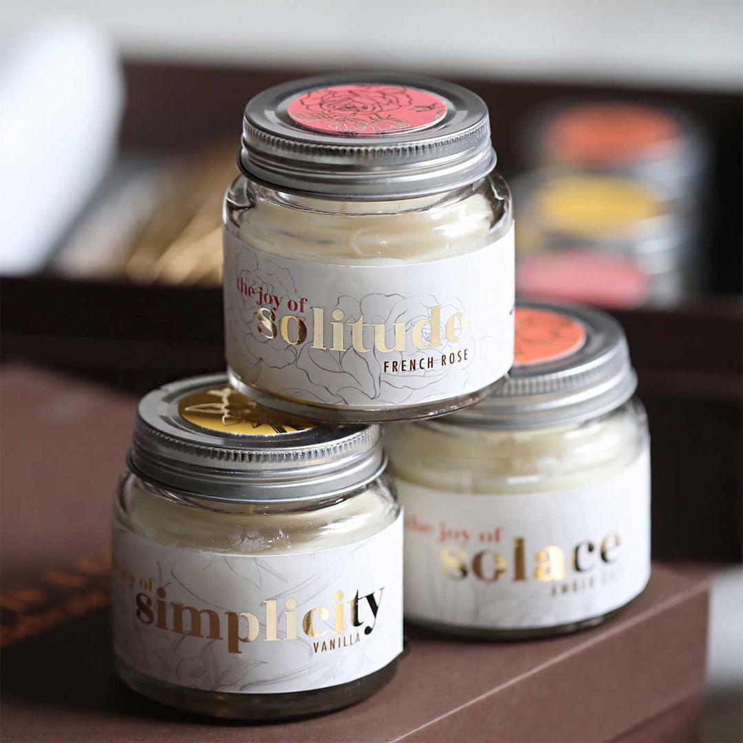 Handmade Charming Metal & Glass Gift Hamper | Includes 1 Almond Shape Box, 3 Candles