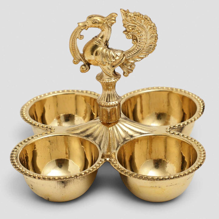 4-Wick Peacock Brass Oil Lamp With Stand For Festive Decor