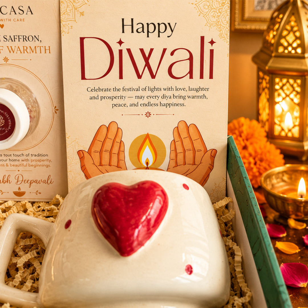 Green Aura Diwali Gift Hamper With Mug And Urli Soy Wax Scented Candle For Festive Gifting