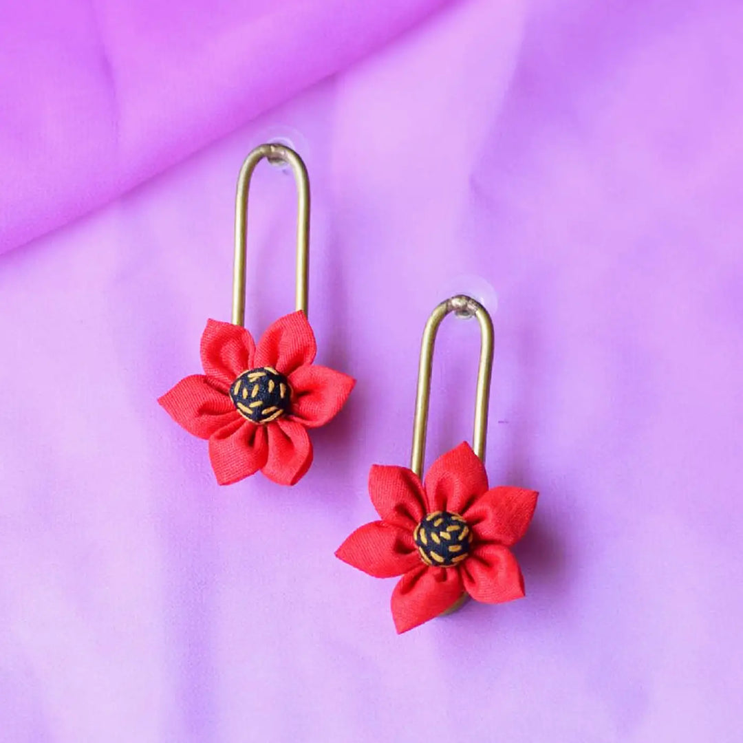 Handmade Textile Art Hanging Flower Design Dupion Silk Fabric Earrings