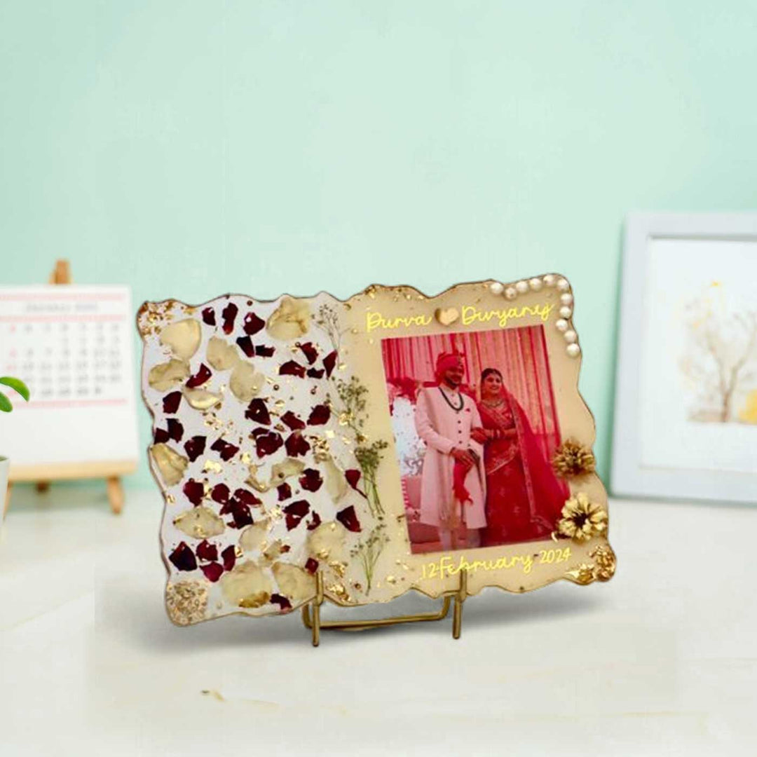 Photo Personalized Preserved Flower White & Gold Resin Wedding Plaque With Stand