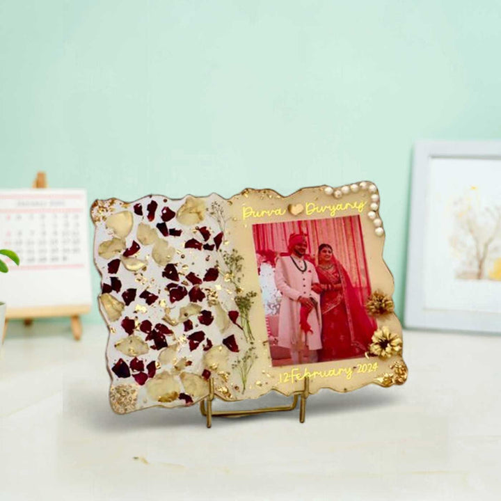 Photo Personalized Preserved Flower White & Gold Resin Wedding Plaque With Stand