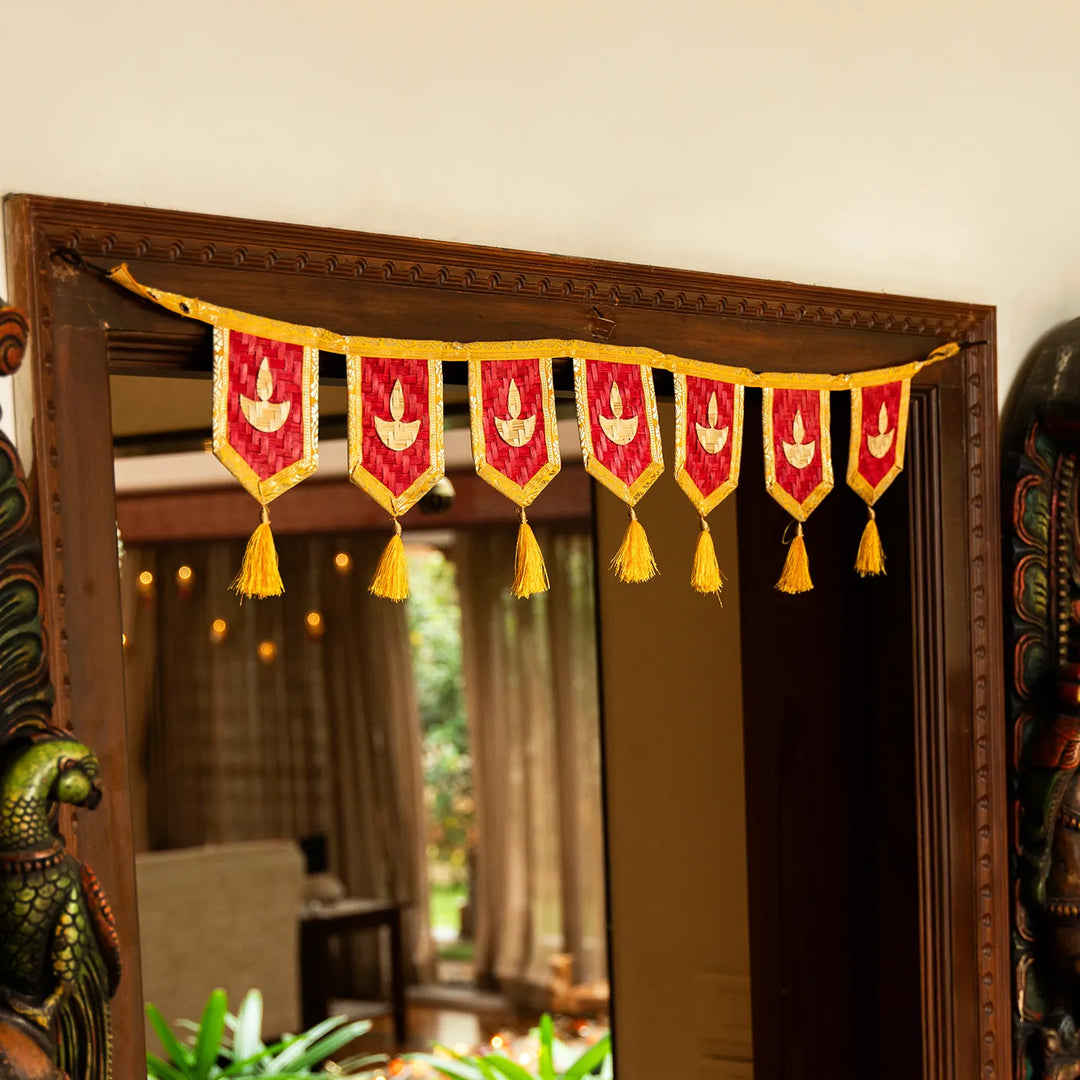 Red Diya Eco-Friendly Handmade Woven Bamboo Toran | 41 Inch x 7 Inch