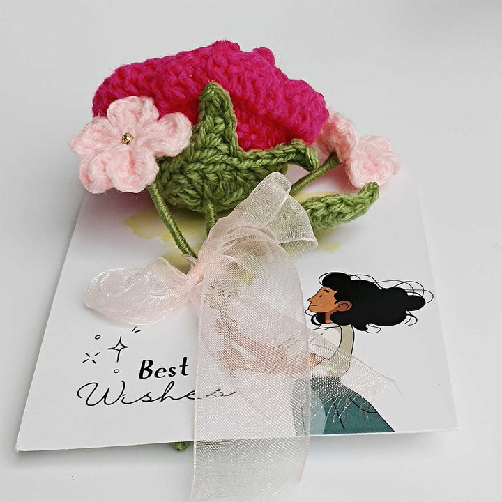 Handmade Crochet 3D Pink Rose Greeting Card